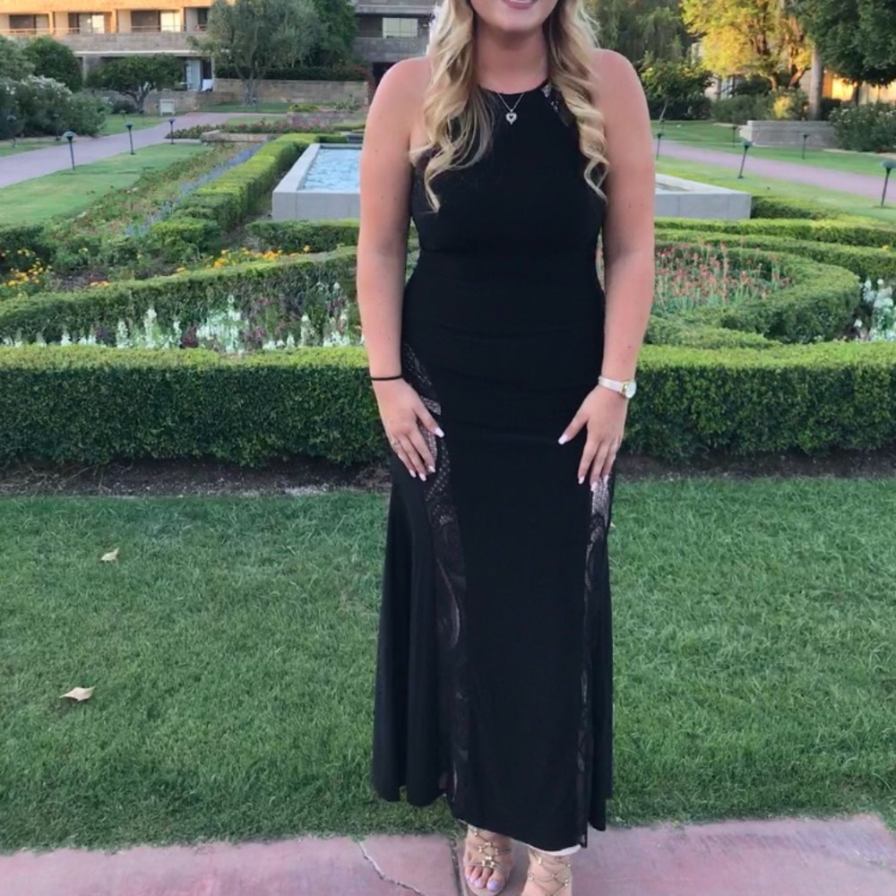 Black lace high neck evening gown